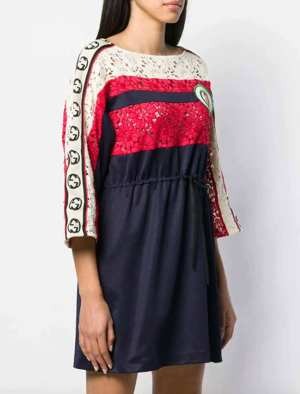 Gucci GG Floral Lace Logo Stripe Dress in Blue