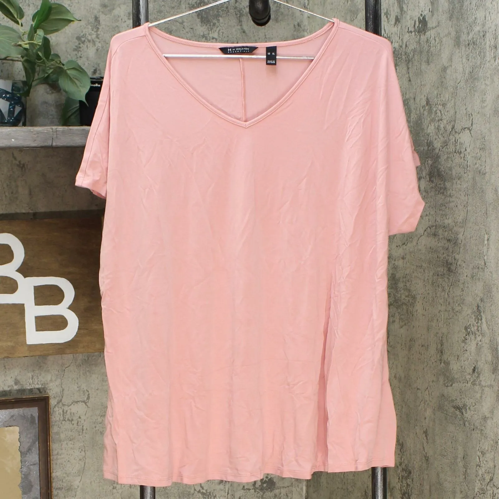 H by Halston Essentials Women's V Neck Knit Extended Shoulder Top Pink Azalea XL