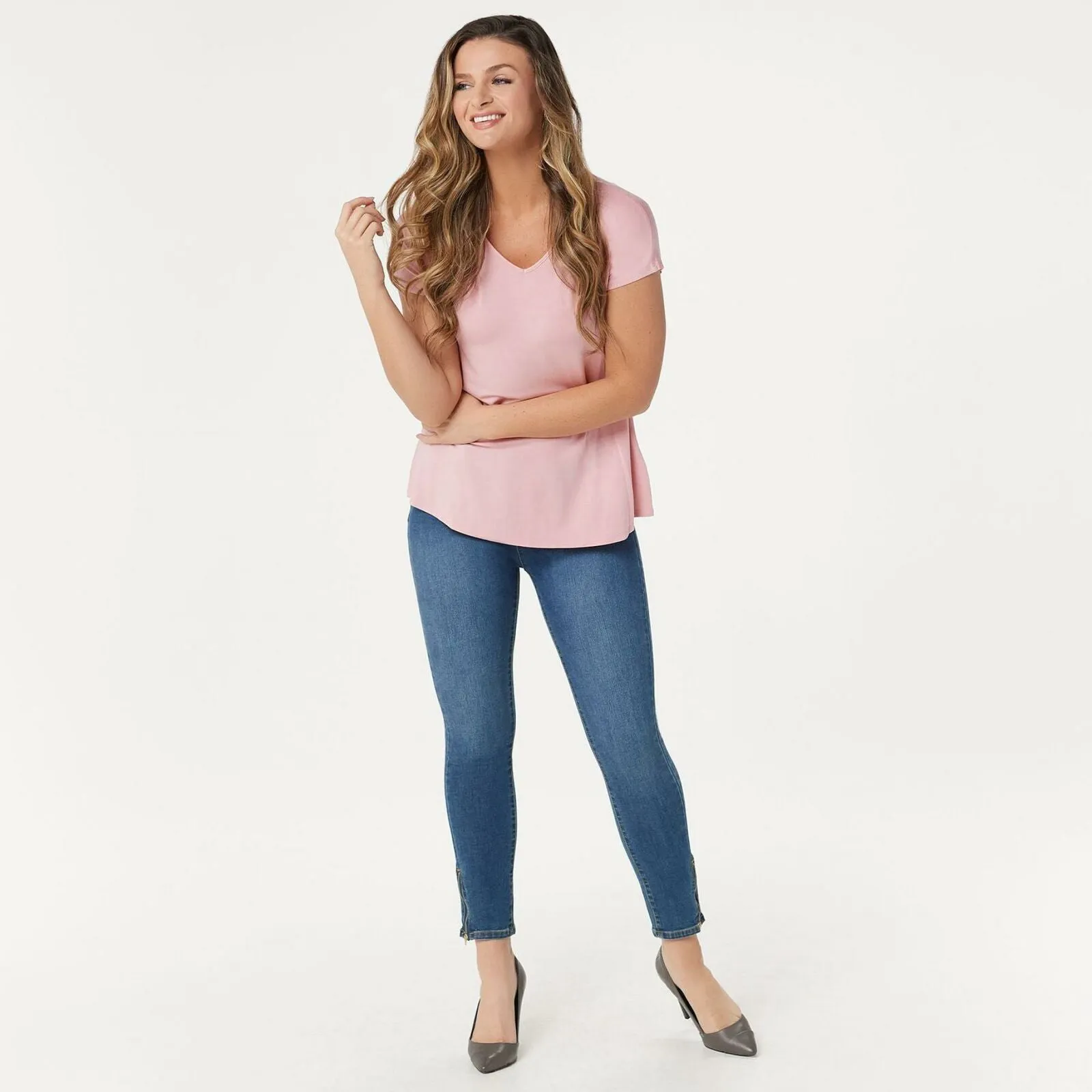 H by Halston Essentials Women's V Neck Knit Extended Shoulder Top Pink Azalea XL