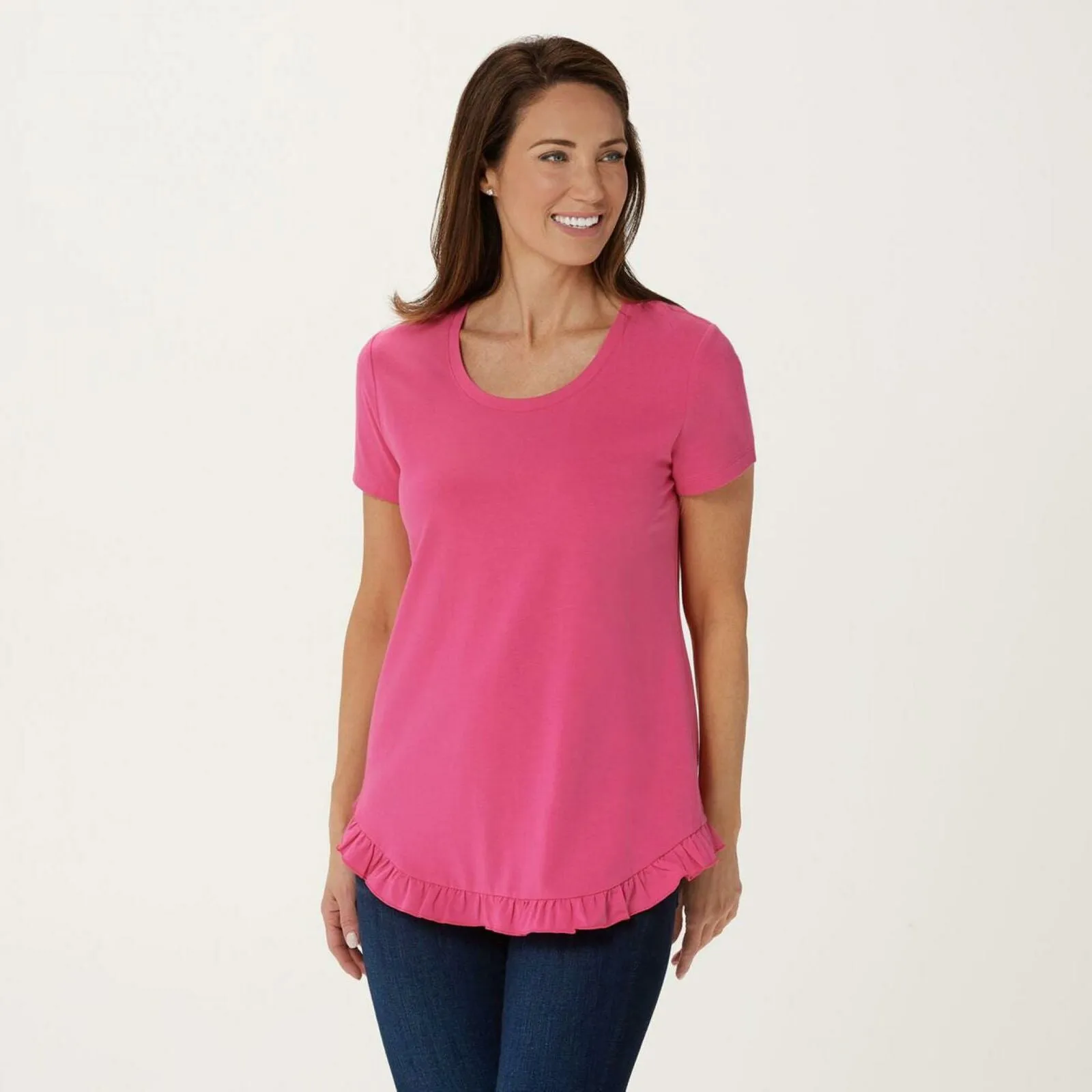 Isaac Mizrahi Live! Scoop Neck Curved Ruffle Hem Knit Top Hot Pink Medium