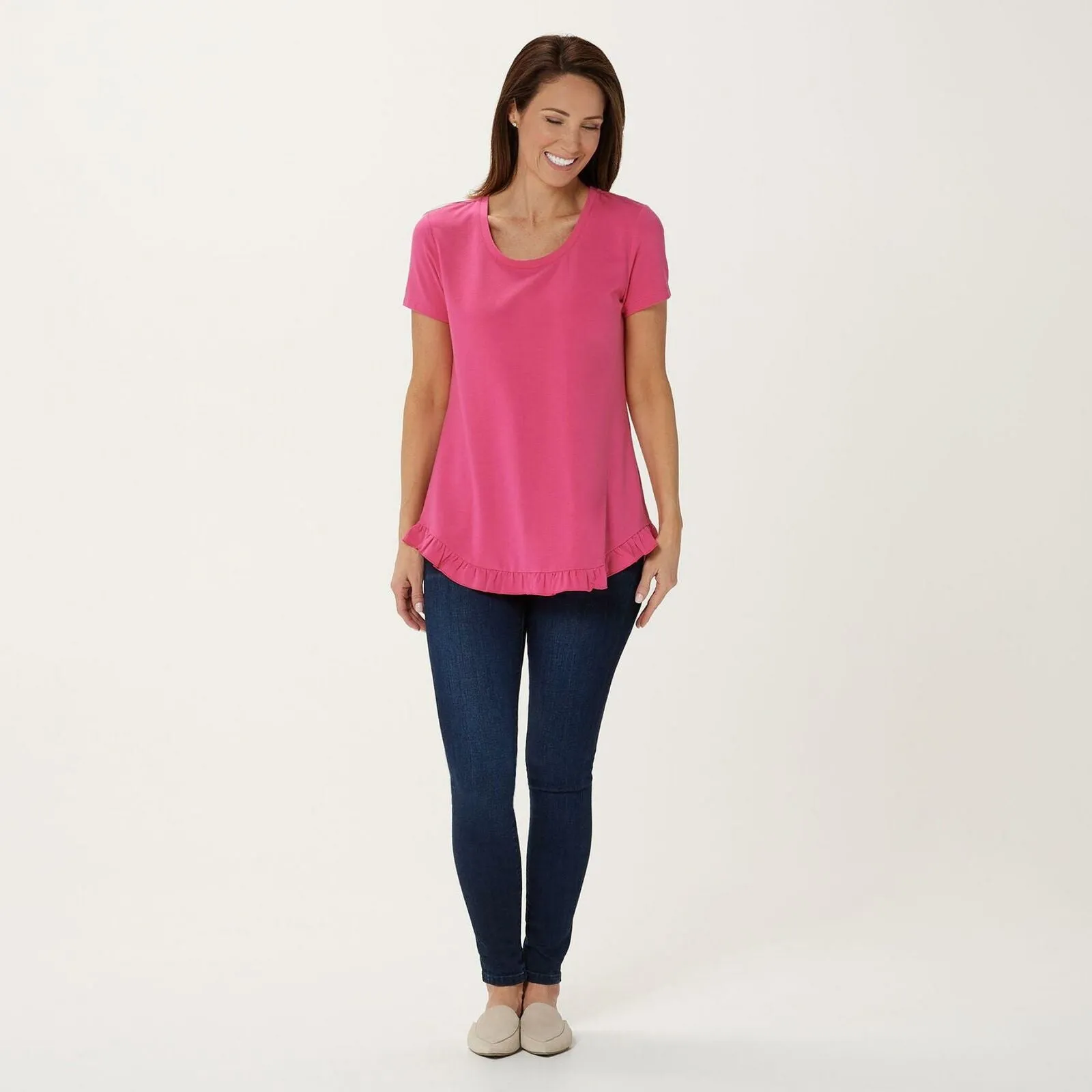 Isaac Mizrahi Live! Scoop Neck Curved Ruffle Hem Knit Top Hot Pink Medium