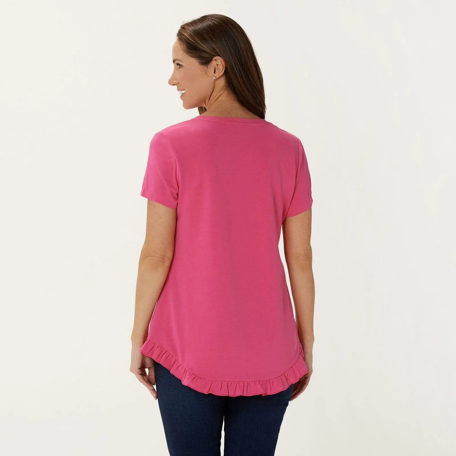 Isaac Mizrahi Live! Scoop Neck Curved Ruffle Hem Knit Top Hot Pink Medium