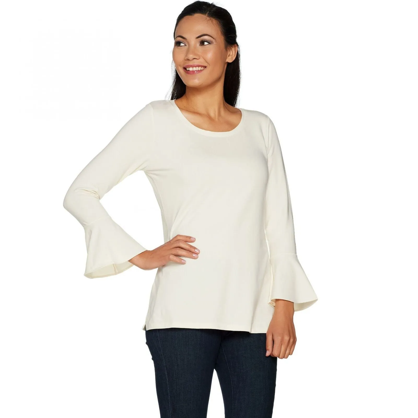 Isaac Mizrahi Live! Women's Scoop Neck Top with Bracelet Ruffle Sleeve Cream XXS