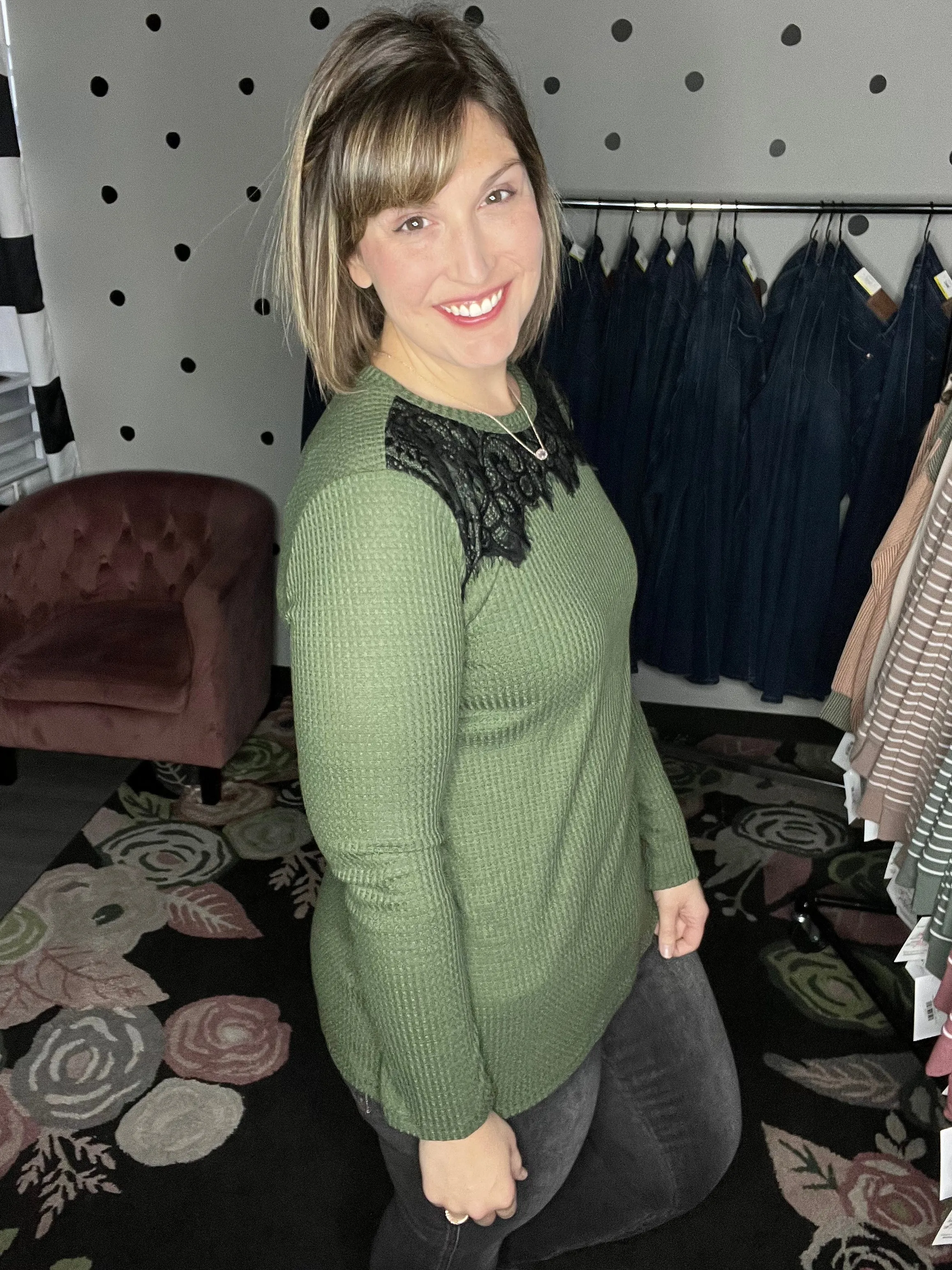 Lace Chest Waffle Knit Long Sleeve