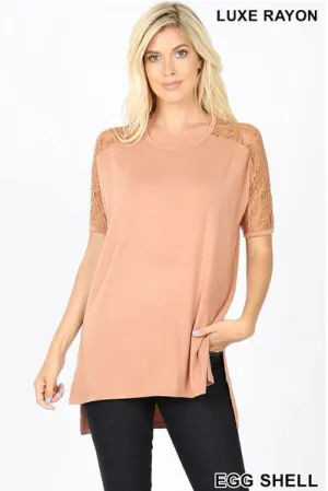 Lace Sleeve Side Split Hi-Low Tops - Egg Shell