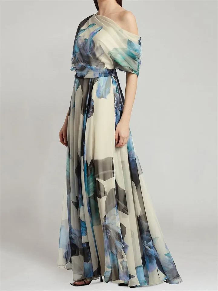Ladies Irregular One-Shoulder Printed Chiffon Dress