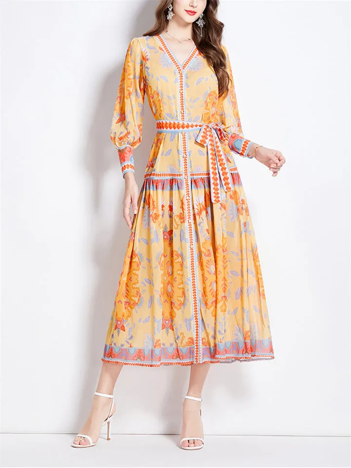 Ladies V-neck Lantern Sleeve Printed Chiffon Dress