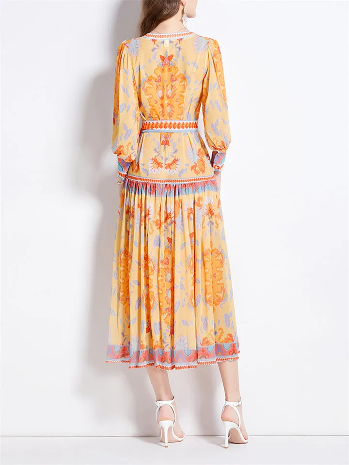 Ladies V-neck Lantern Sleeve Printed Chiffon Dress