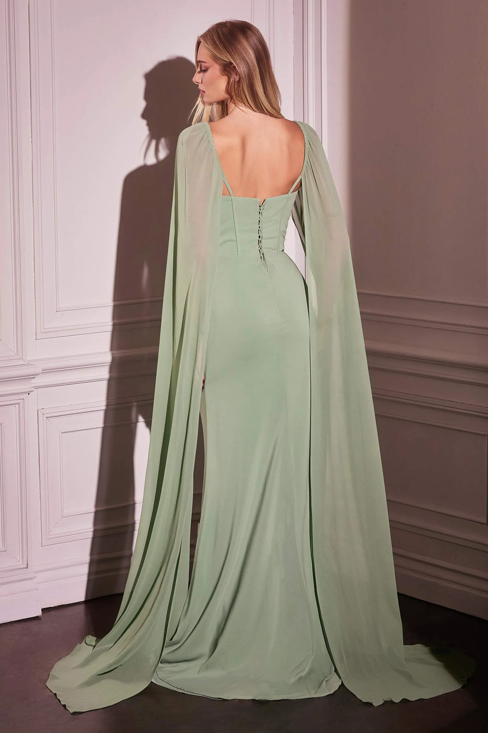 Ladivine CD356 Dress Fitted Chiffon With Long Cape Sleeves