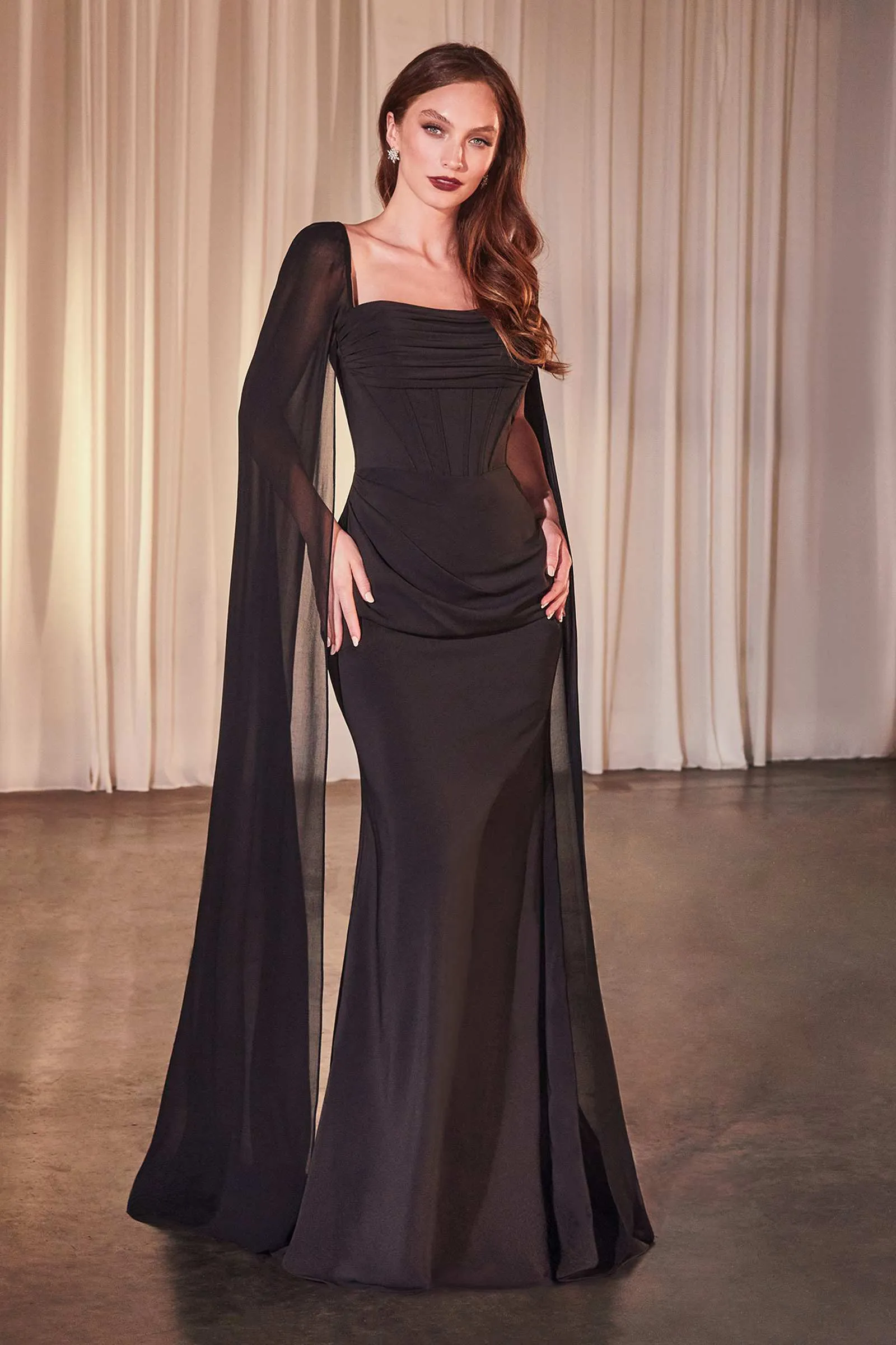 Ladivine CD356 Dress Fitted Chiffon With Long Cape Sleeves