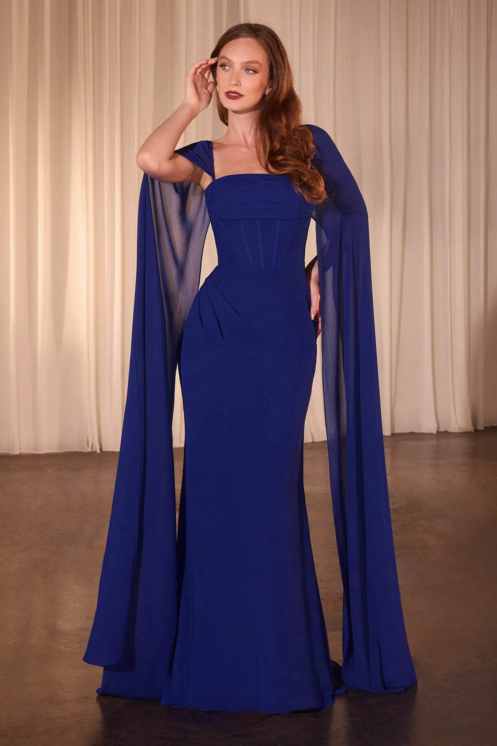 Ladivine CD356 Dress Fitted Chiffon With Long Cape Sleeves
