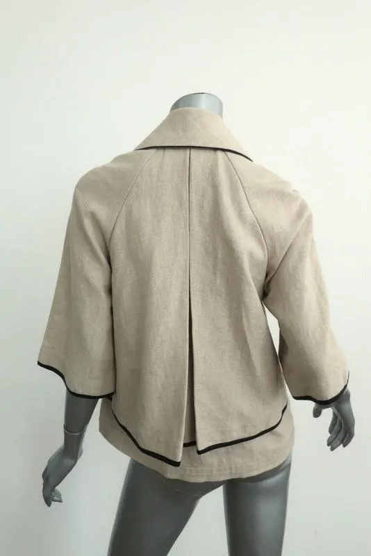L'Agence Jacket Faux Leather-Trim Beige Linen Size 0 Half Sleeve Pleated-Back