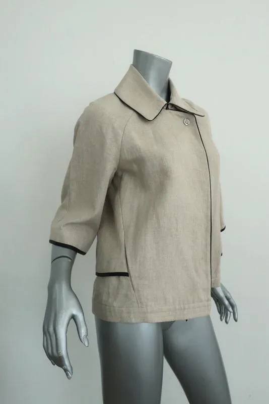 L'Agence Jacket Faux Leather-Trim Beige Linen Size 0 Half Sleeve Pleated-Back