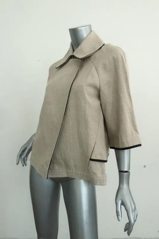 L'Agence Jacket Faux Leather-Trim Beige Linen Size 0 Half Sleeve Pleated-Back