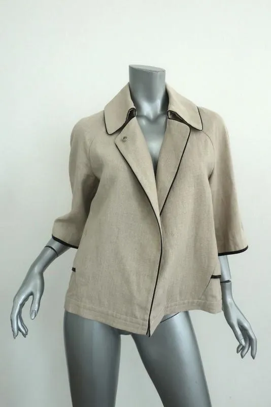 L'Agence Jacket Faux Leather-Trim Beige Linen Size 0 Half Sleeve Pleated-Back