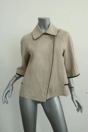 L'Agence Jacket Faux Leather-Trim Beige Linen Size 0 Half Sleeve Pleated-Back