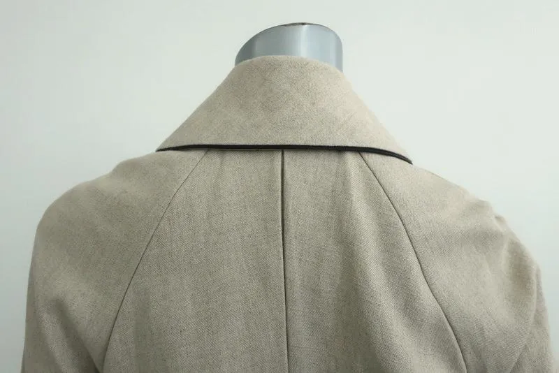 L'Agence Jacket Faux Leather-Trim Beige Linen Size 0 Half Sleeve Pleated-Back