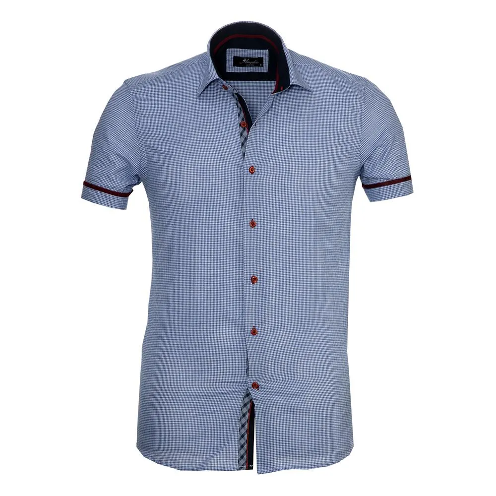 Light Blue Check Mens Short Sleeve Button up Shirts - Tailored Slim Fit Cotton Dress Shirts