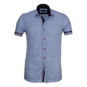 Light Blue Check Mens Short Sleeve Button up Shirts - Tailored Slim Fit Cotton Dress Shirts