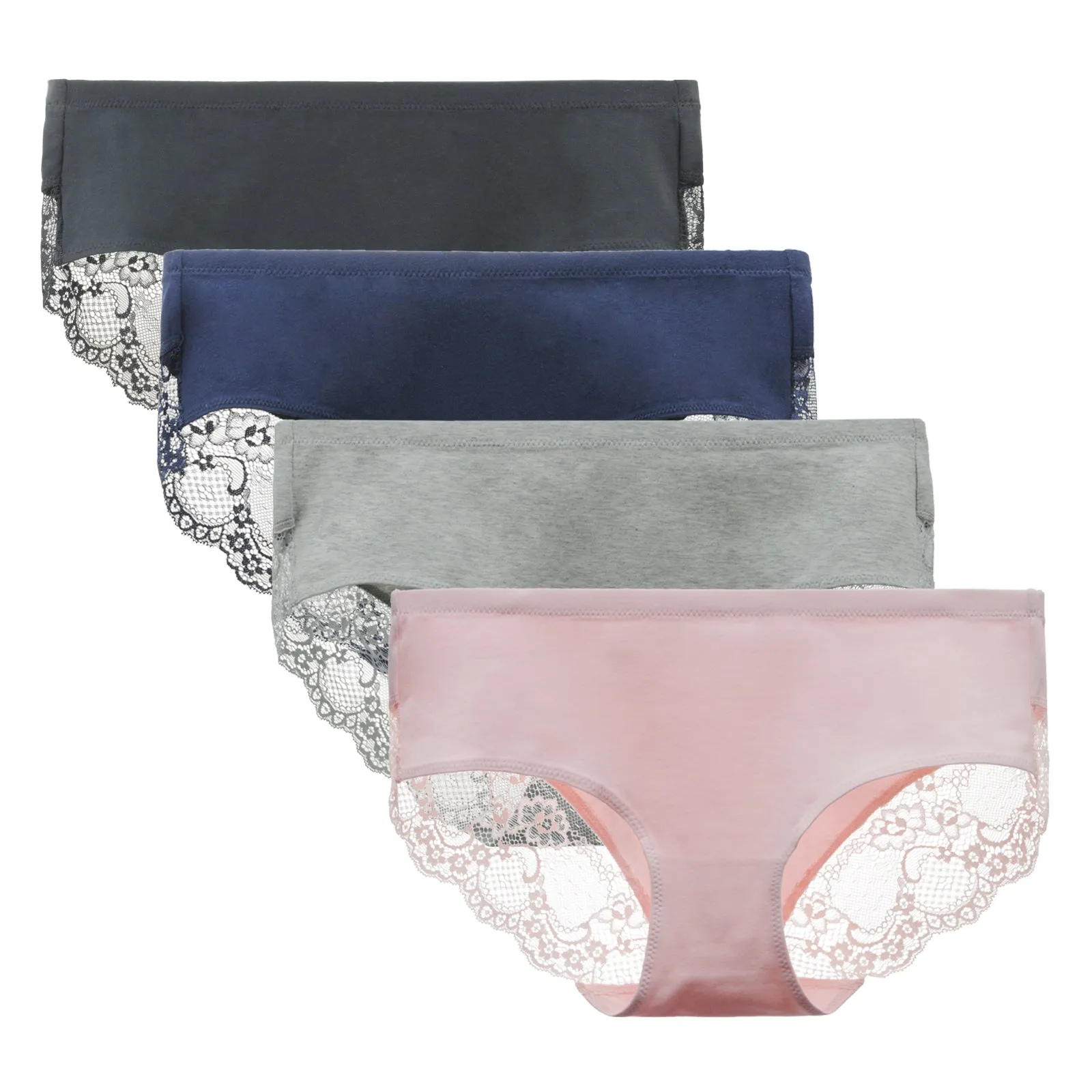 LIQQY Women's 4 Pack Mid Rise Cotton Lace Back Full Coverage Brief Panty Underwear