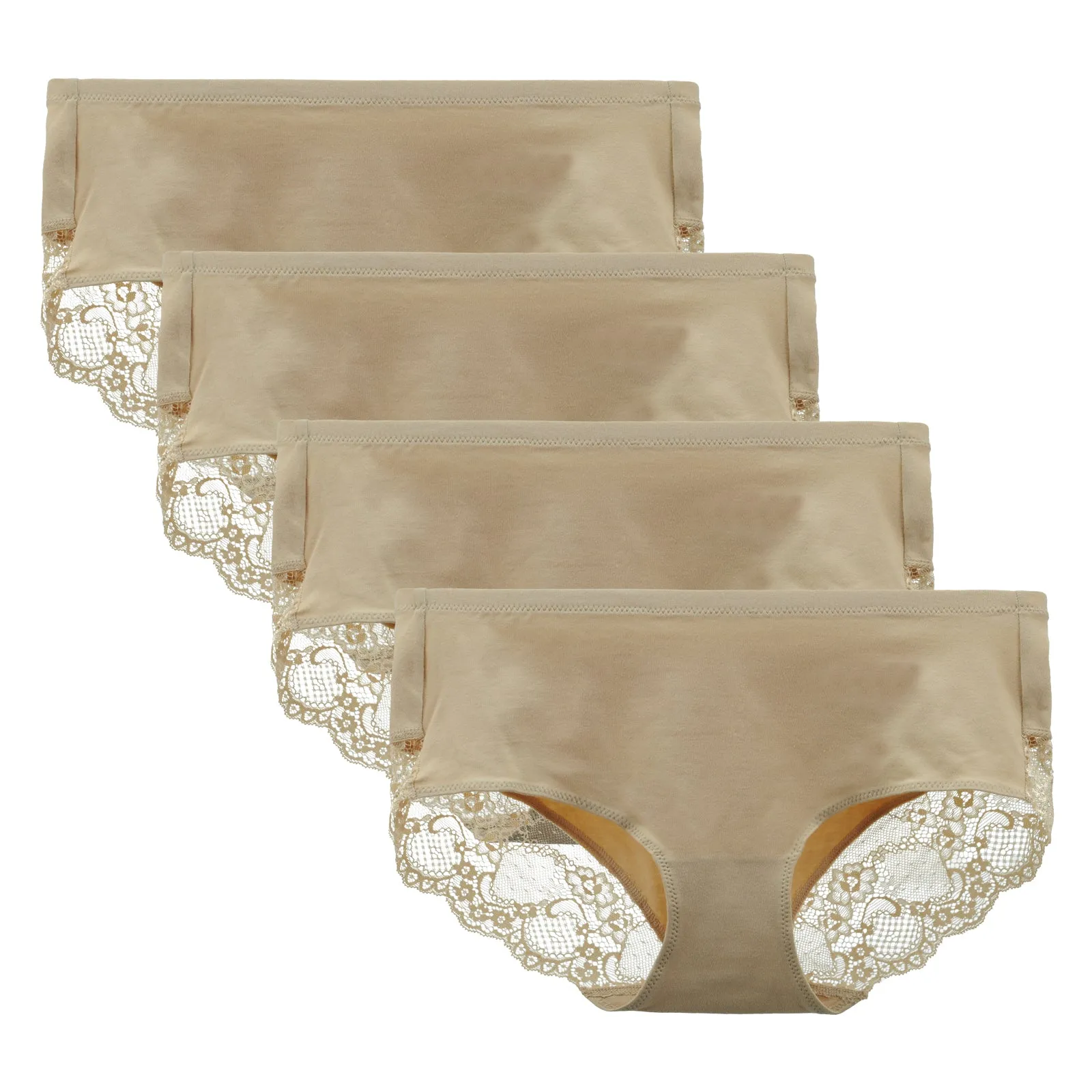 LIQQY Women's 4 Pack Mid Rise Cotton Lace Back Full Coverage Brief Panty Underwear