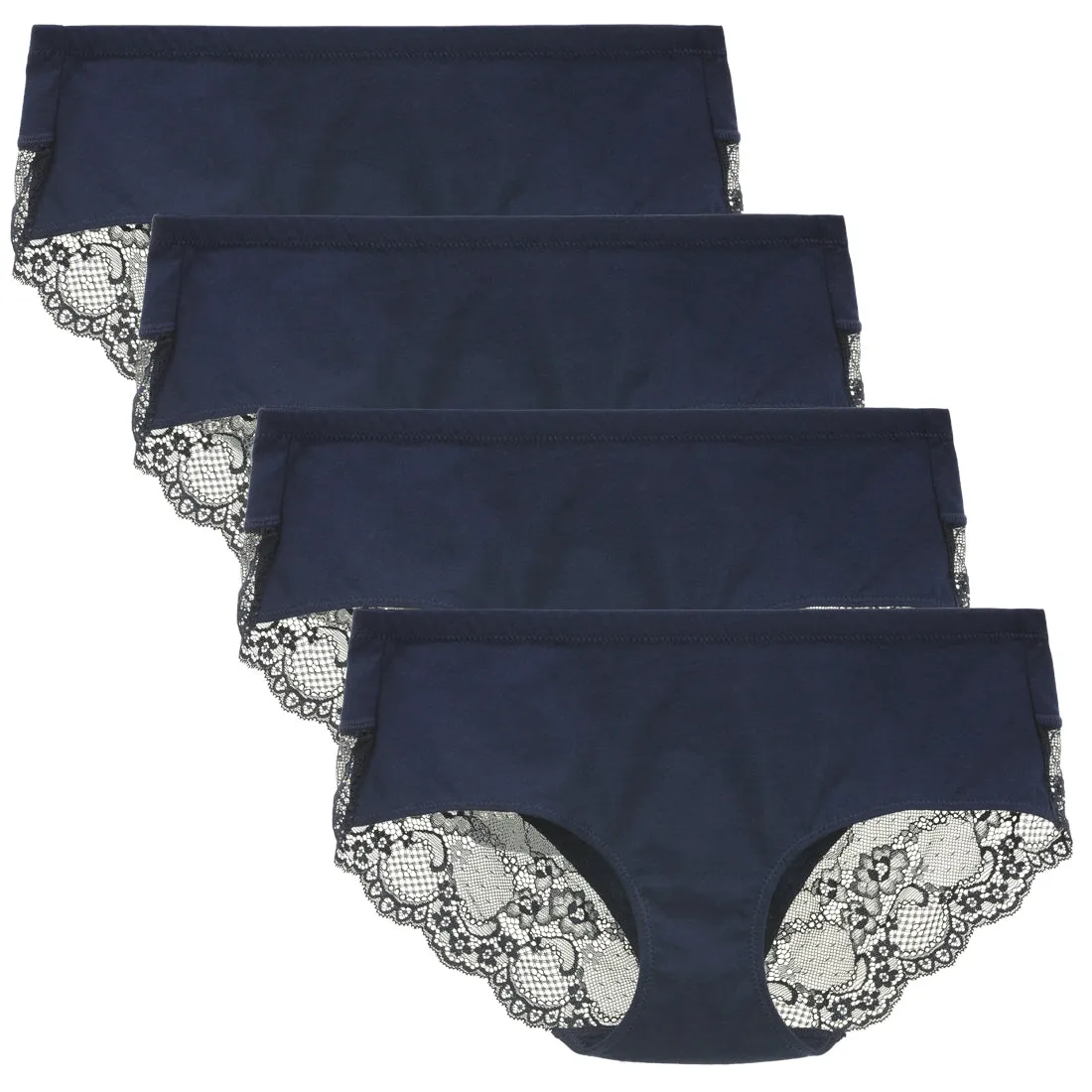 LIQQY Women's 4 Pack Mid Rise Cotton Lace Back Full Coverage Brief Panty Underwear