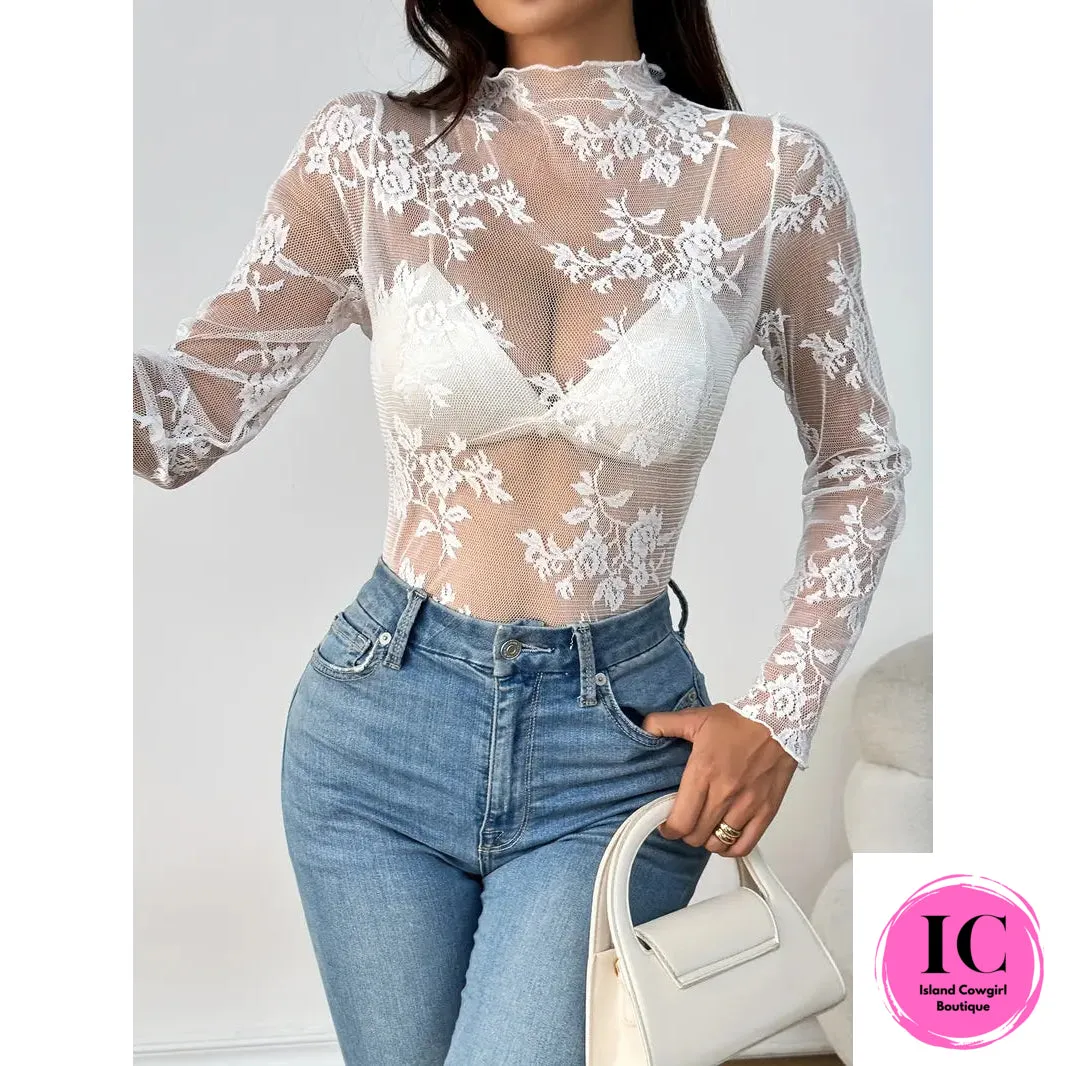 Long Sleeve Lace Mock Neck Sheer Top