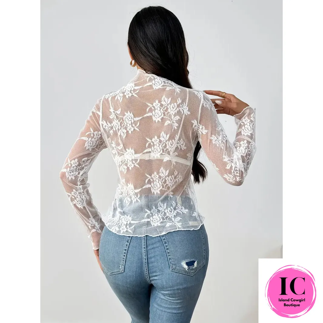 Long Sleeve Lace Mock Neck Sheer Top