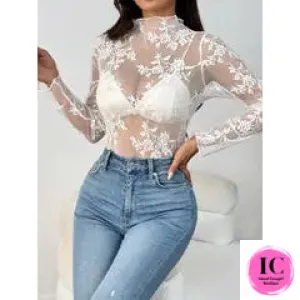 Long Sleeve Lace Mock Neck Sheer Top