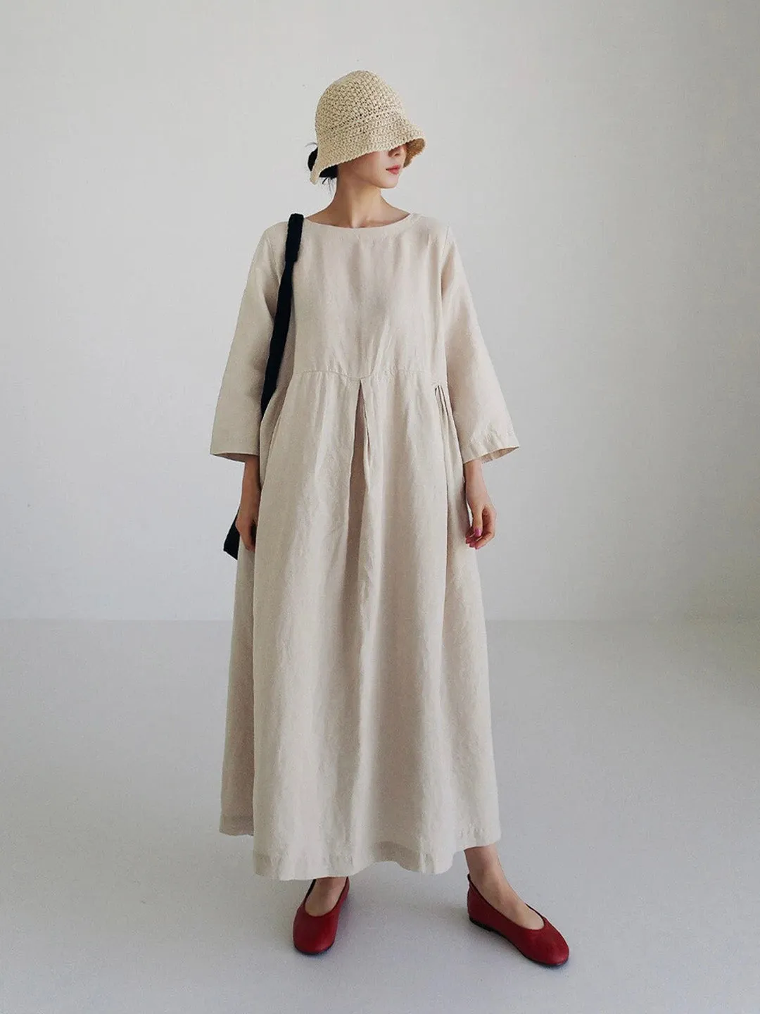 Loose Cotton and Linen Dress With Side Pockets
