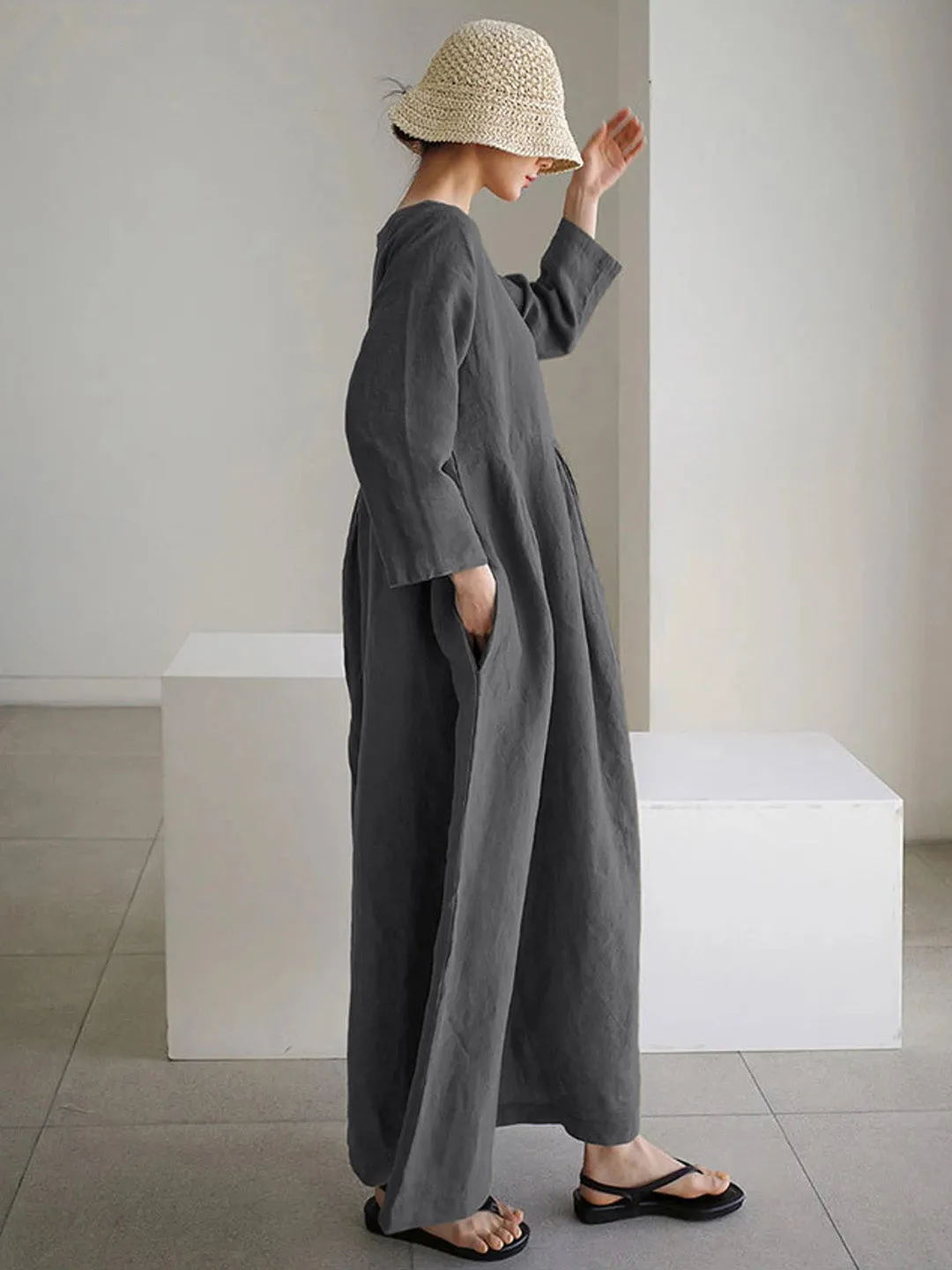 Loose Cotton and Linen Dress With Side Pockets
