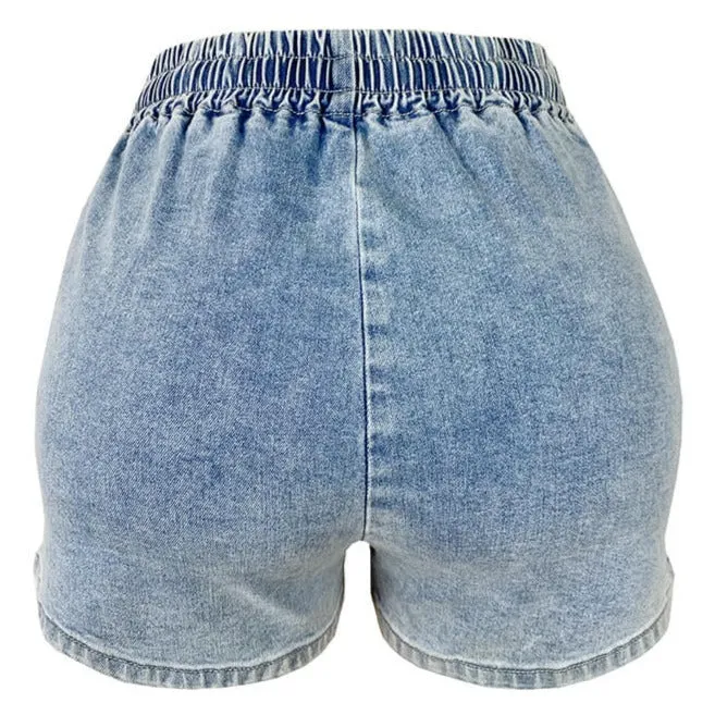 Loose Elastic-waisted Jean Shorts Women's High Waist Denim Shorts