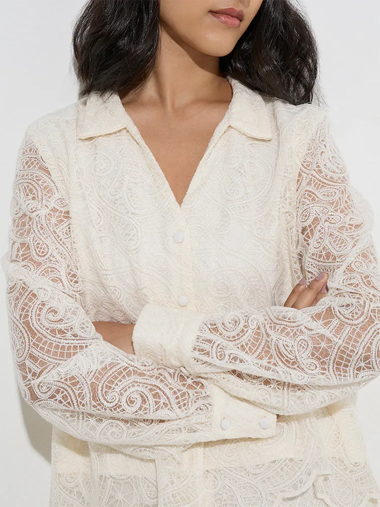 LOV Off-White Lace-Detailed Cotton-Blend Shirt