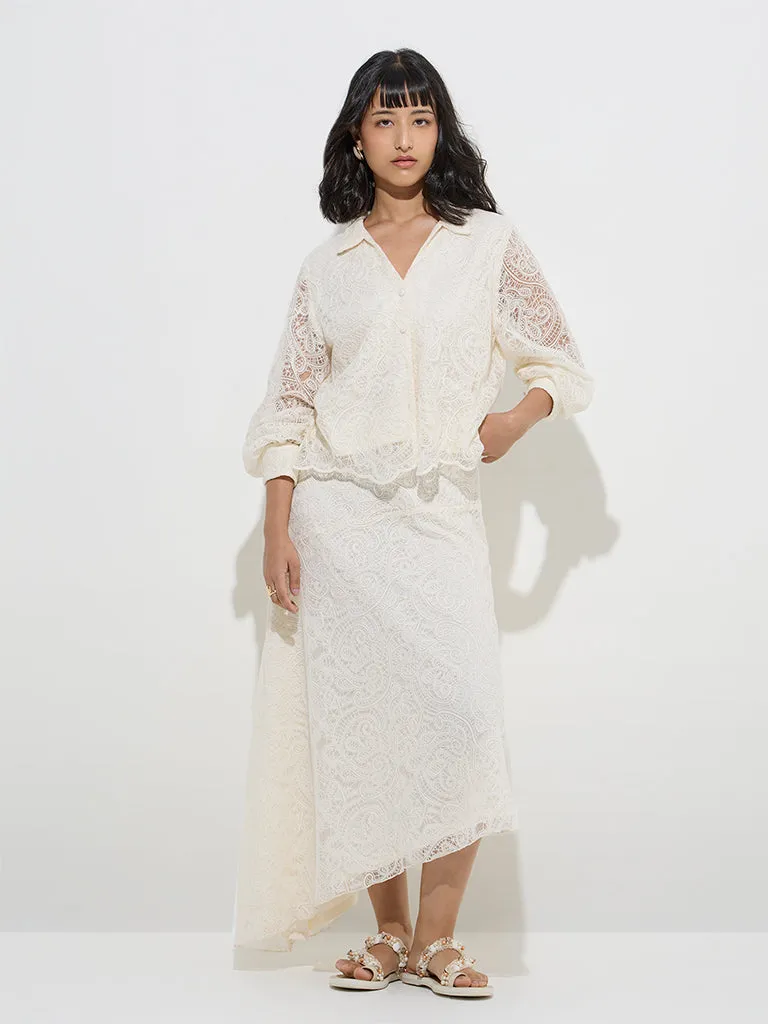 LOV Off-White Lace-Detailed Cotton-Blend Shirt