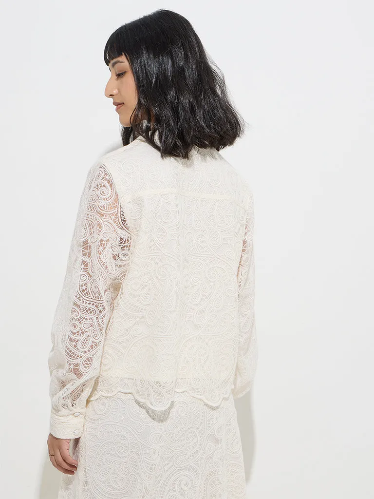 LOV Off-White Lace-Detailed Cotton-Blend Shirt