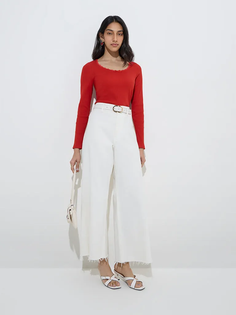 LOV Red Ribbed-Textured Cotton-Blend Top