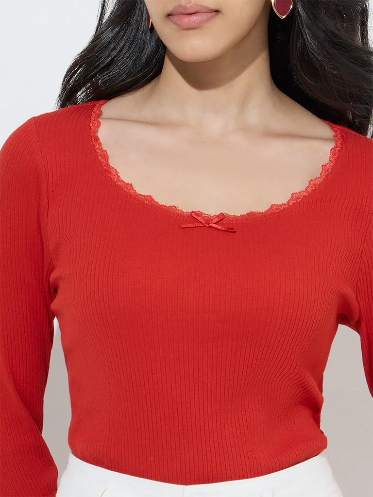 LOV Red Ribbed-Textured Cotton-Blend Top