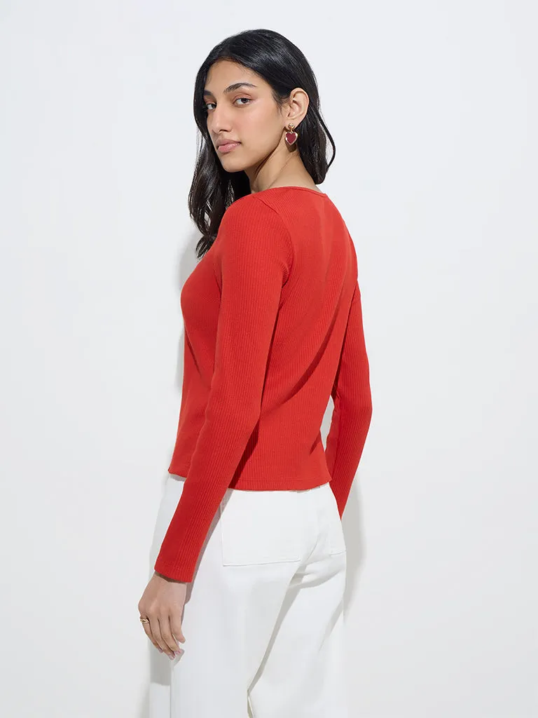 LOV Red Ribbed-Textured Cotton-Blend Top