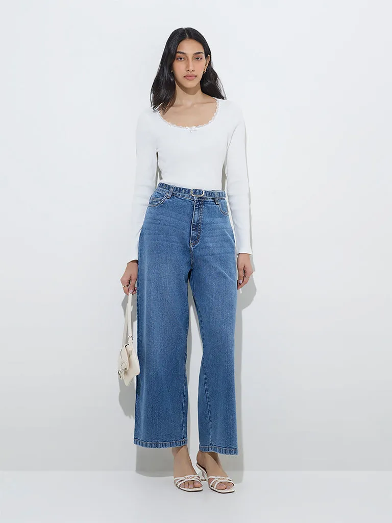 LOV White Ribbed-Textured Cotton-Blend Top