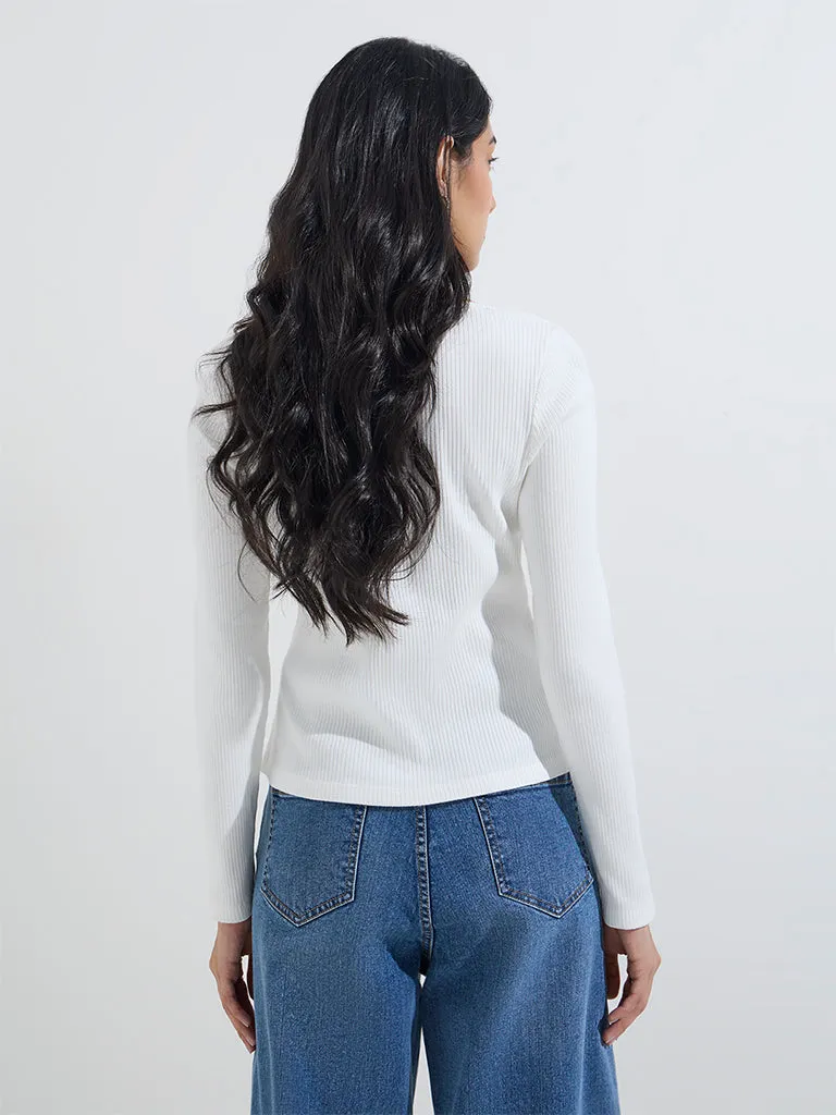 LOV White Ribbed-Textured Cotton-Blend Top