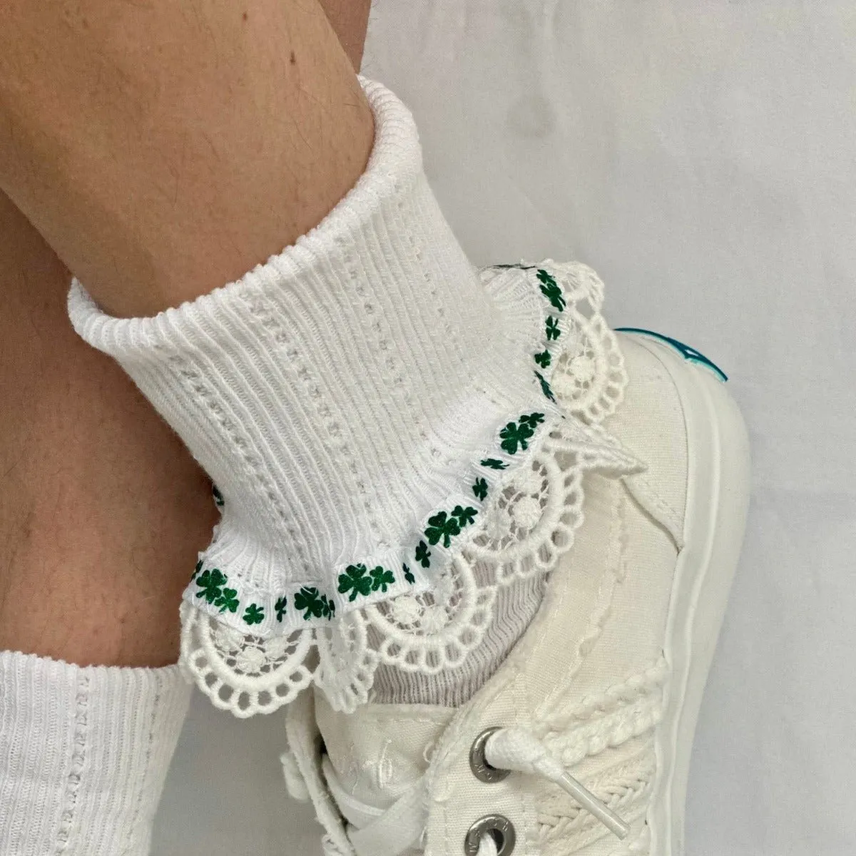 Luck of the Irish  shamrock sock - white