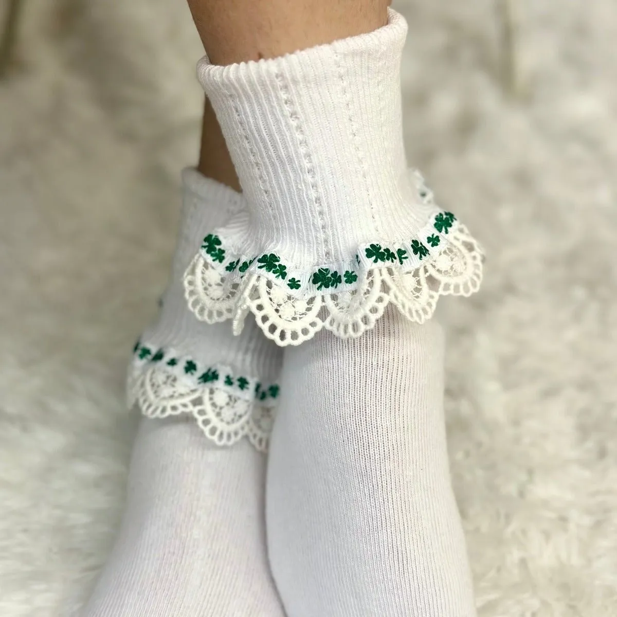 Luck of the Irish  shamrock sock - white