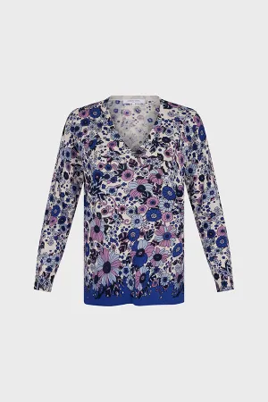 LYLOU FLORAL LINEN COTTON V-NECK SWEATER