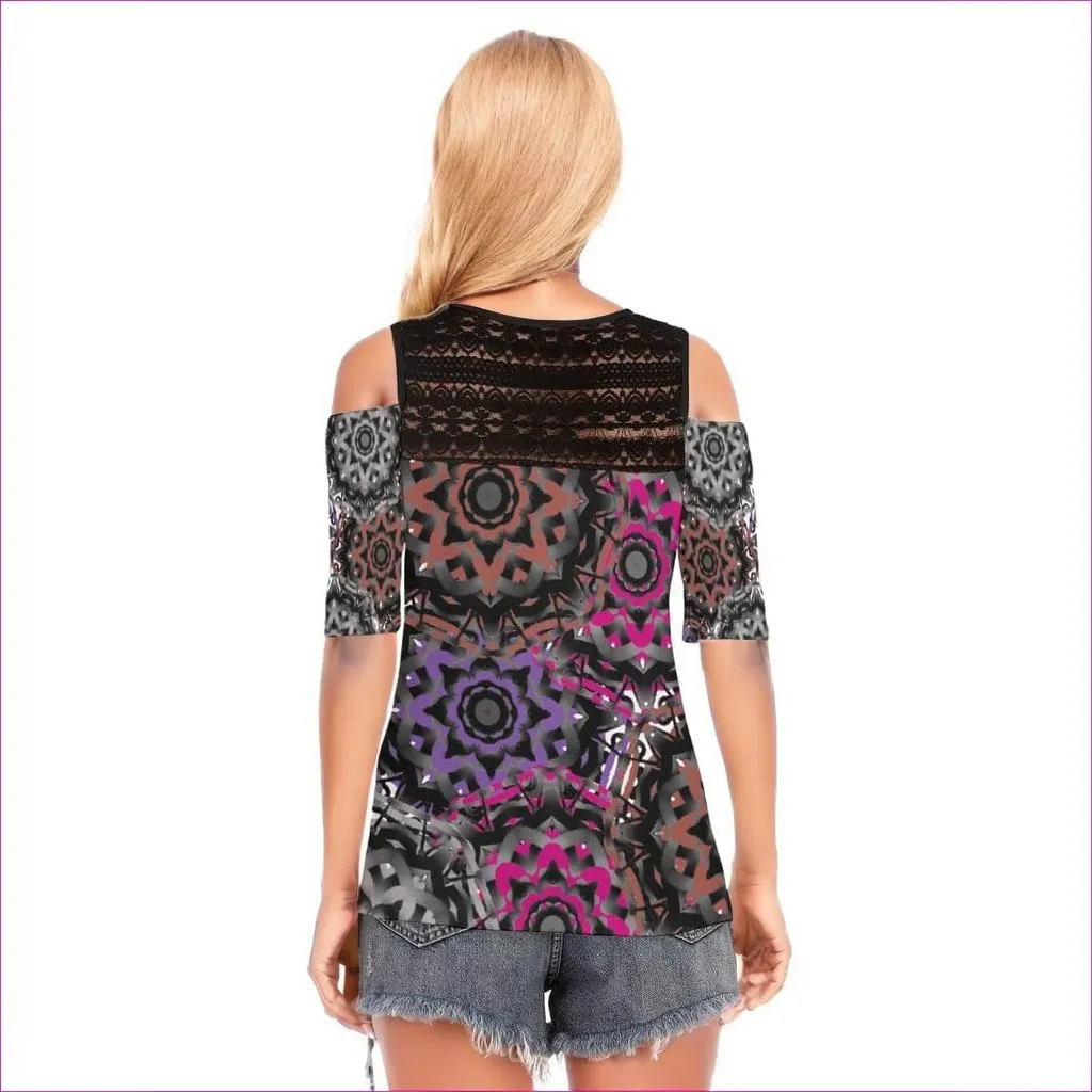 Mandala Graffiti Womens T-shirt With Black Lace Shoulder Strap