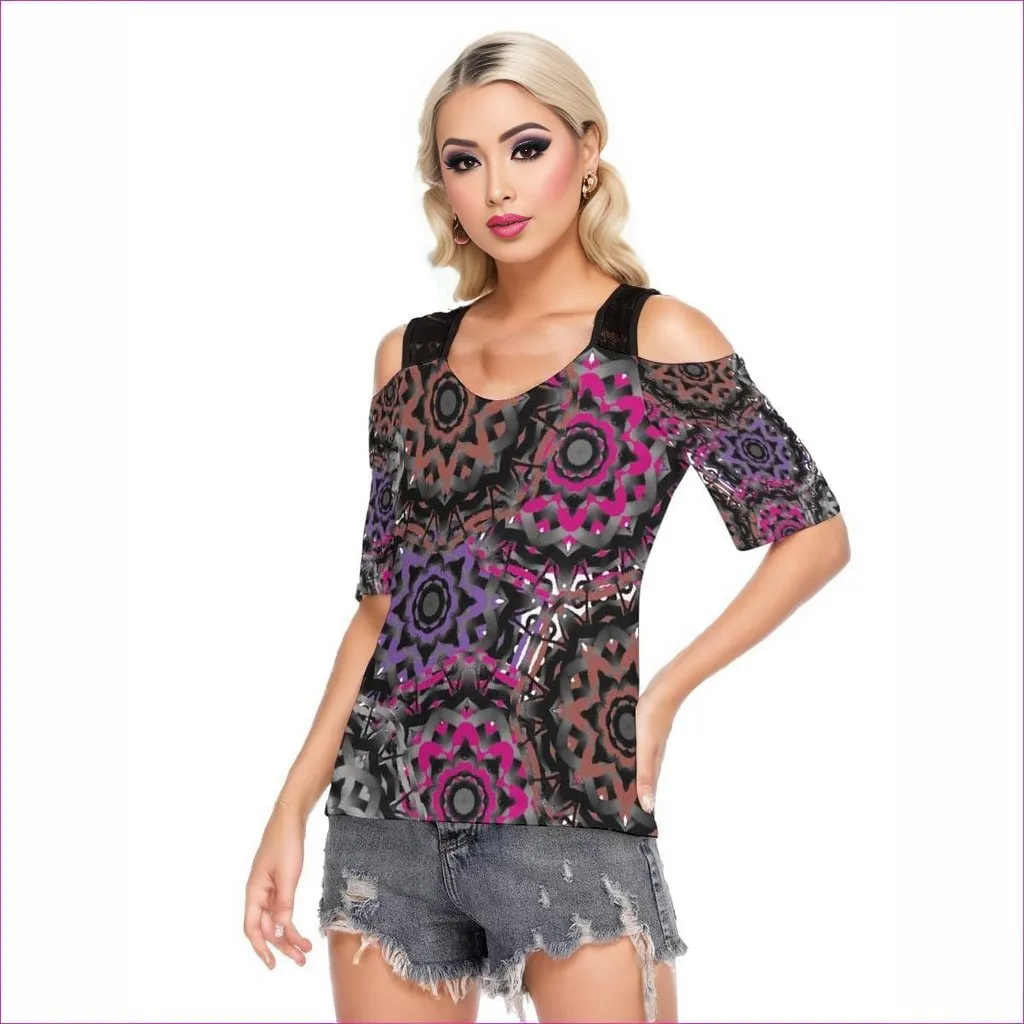Mandala Graffiti Womens T-shirt With Black Lace Shoulder Strap