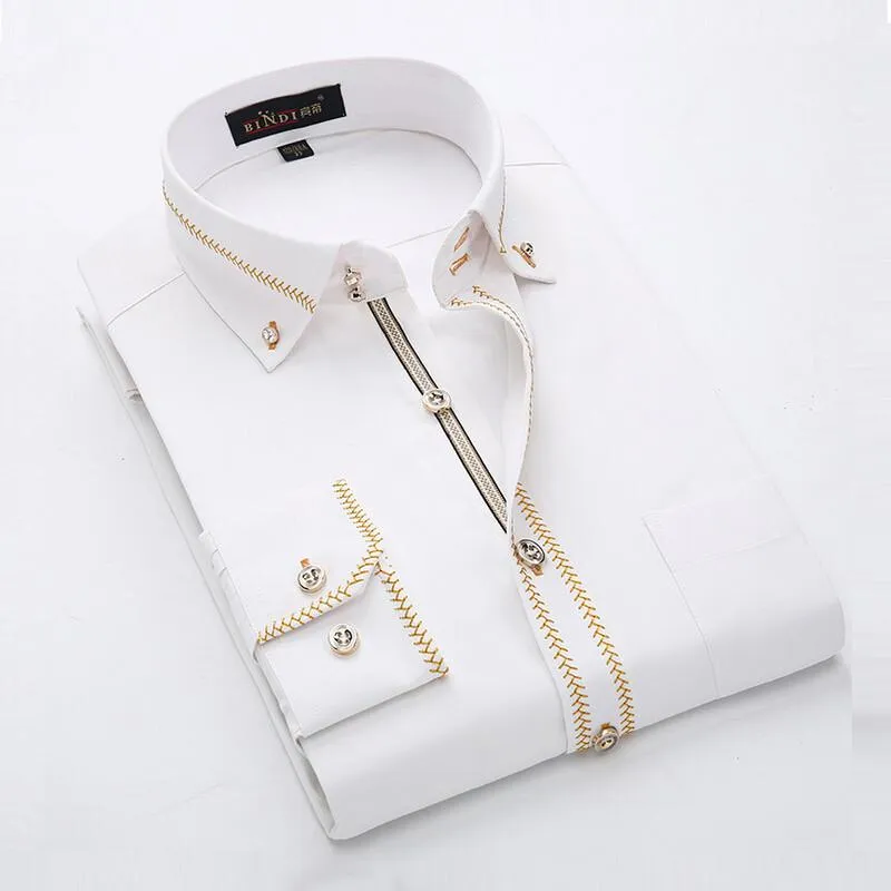 Men's French Style Gold Accent Laced Business Dress Shirt Up To 5XL