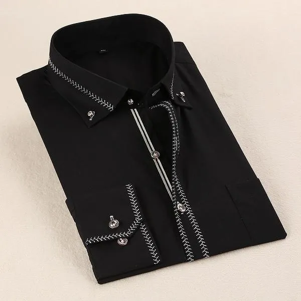 Men's French Style Gold Accent Laced Business Dress Shirt Up To 5XL