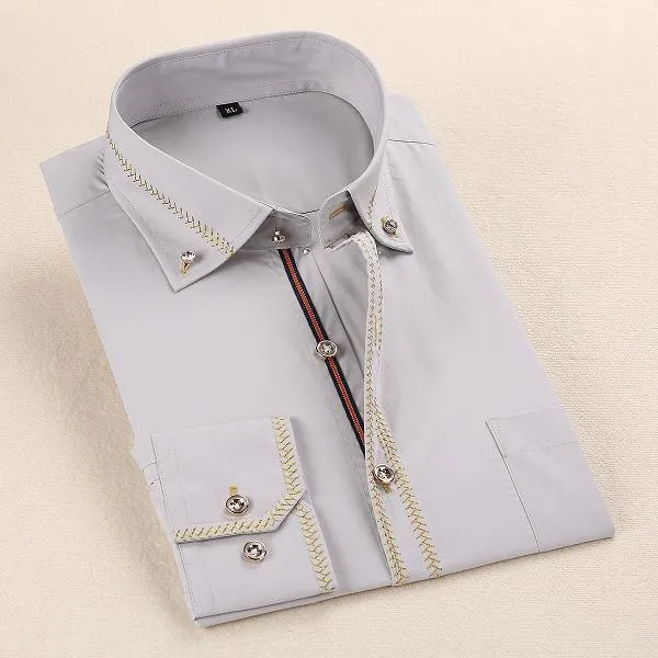 Men's French Style Gold Accent Laced Business Dress Shirt Up To 5XL