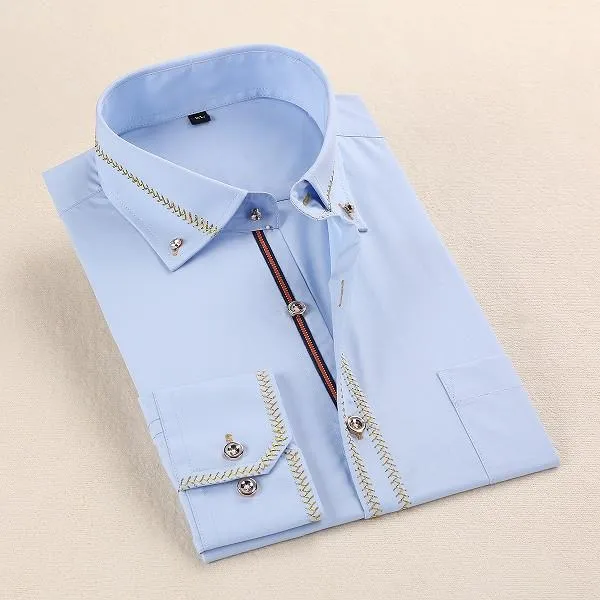 Men's French Style Gold Accent Laced Business Dress Shirt Up To 5XL