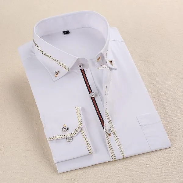 Men's French Style Gold Accent Laced Business Dress Shirt Up To 5XL